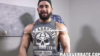 Muscular hunk with beard solo masturbating inside the gym