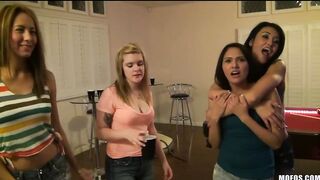 four young turned on party-bimbos fucked into sex party & share gigantic hard-penis