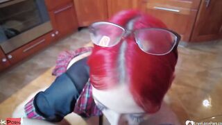 Inked college girl blows while on her knees