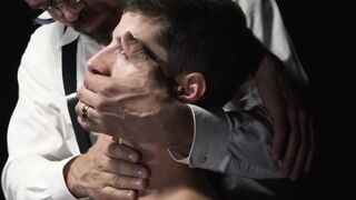 Big guy with beard has fun with a pale twink in the dungeon
