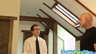 Middle aged guy and an old hunk have fun with younger dude
