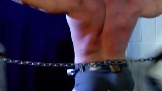 Time with whip in bondage with muscular tied up hunk man