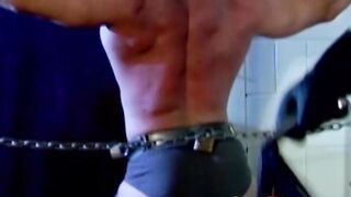 Time with whip in bondage with muscular tied up hunk man