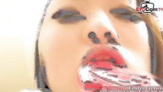 oriental young woman with natural hooters inside a 3-way with insemination in bushy pussy