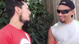 Big cocked Latin hunk barebacks his bearded lover doggystyle