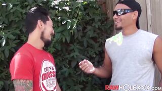 Big cocked Latin hunk barebacks his bearded lover doggystyle