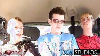 Picking up cute twink Todd for hard threesome sex in the car