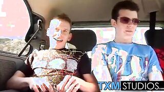 Picking up cute twink Todd for hard threesome sex in the car