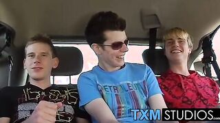 Picking up cute twink Todd for hard threesome sex in the car