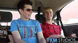 Picking up cute twink Todd for hard threesome sex in the car