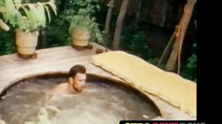 Retro worker jerks off solo after work and jacuzzi time