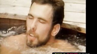 Retro worker jerks off solo after work and jacuzzi time