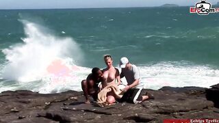 Long Boobed blonde hoe in an interracial outdoor anal three way