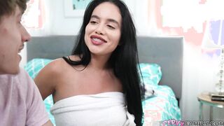 Stepmom uses her big boobs to cover up the evidence