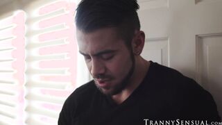 Small tits tranny Melanie Brooks fed jizz after hard anal