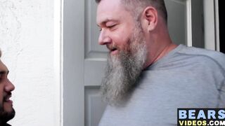 Nasty fat bear makes his cub go on knees to blow his rod