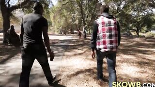 Black bimbo with big jugs enjoys having her ass smashed