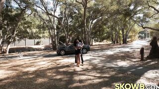 Black bimbo with big jugs enjoys having her ass smashed