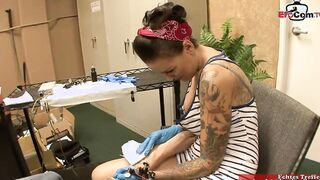 Tall inked woman with pretty titties and brown hair getting