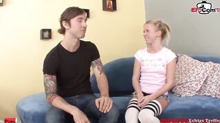 Slim blonde pussy with mouth in stripped socks seduced from a gigantic cock