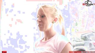 Slim blonde pussy with mouth in stripped socks seduced from a gigantic cock