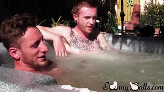 Inked ginger homo leaves jacuzzi to jack off dick with lover