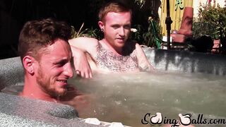 Inked ginger homo leaves jacuzzi to jack off dick with lover