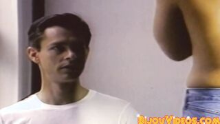 Vintage homo takes a big load on his hairy chest after sex