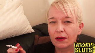Slutty old hag gets double penetrated and slapped around