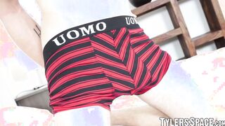 Blond jock Arthur Kral stroking his cock and prepares to cum