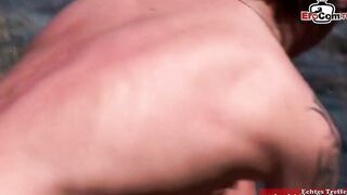 Slender blonde slut double penetrated into an outdoors three-way