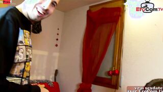 Natural dark haired French Amateur with tiny melons plowed inside ebony tights