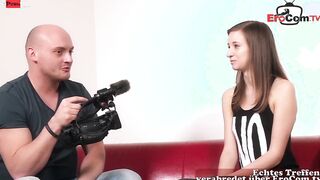 Thin dark hair chick with tiny titties during her first porn casting