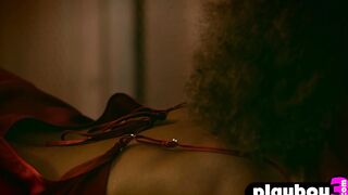 Curly ebony model shows perfect body
