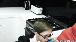 Twink maid with glasses fucked by bald daddy in kitchen