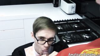 Twink maid with glasses fucked by bald daddy in kitchen