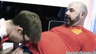 Twink maid with glasses fucked by bald daddy in kitchen