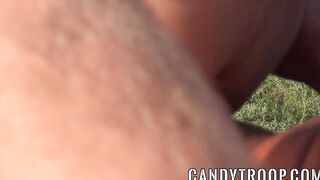 Inked soldier outdoors riding big army cock after blowjob