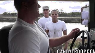 Inked soldier outdoors riding big army cock after blowjob