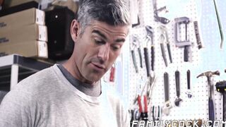 Barebacking in the workshop with stepson jock and daddy