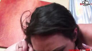 Black haired skank with natural breasts getting a cumshot on her boobies