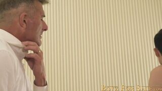 Submissive teenager moans from pleasure while cock sucking