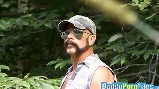 Daddy Joe Raven jerks off outdoors while fingering solo