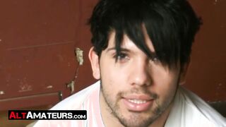 Good looking emo twink jacks off his hairy dick solo