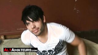 Good looking emo twink jacks off his hairy dick solo