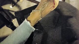 Lover shows sandals, pedicured hot toes red foot