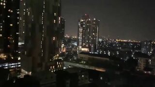 Balcony oral sex with watch