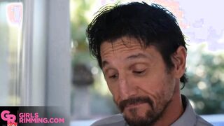 GIRLSRIMMING - Nasty Avery Ebony giving a sloppy rimjob to her stepdad