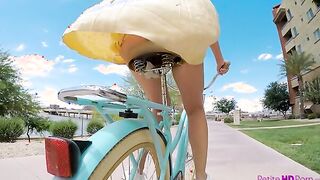 Going for a bare bottom bike riding is the pretty foreplay for hairy twat coed Avi Love. The breeze beneath