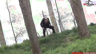Slender blonde with natural titted into an outdoor 3-way FMM